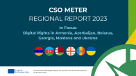 Front cover of the 2023 Regional Report of the CSO Meter in blue, with icons of 6 country flags and the green-white compass logo of the CSO Meter