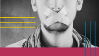 Man has tape over his mouth to silence him