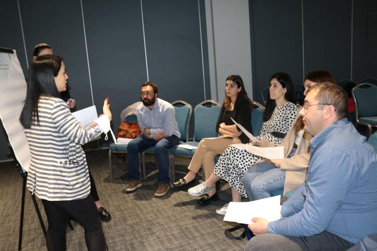 woman explaining research findings to a group of civil society experts