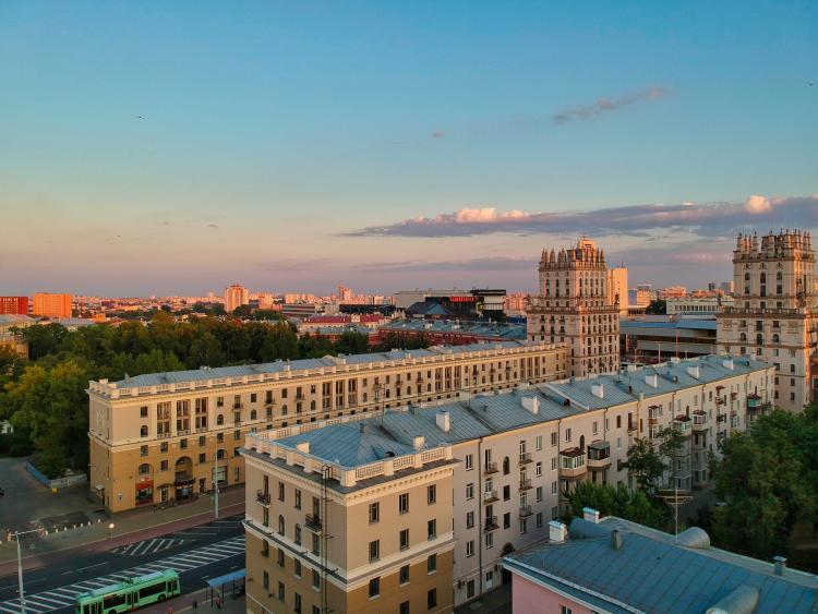 Picture taken from the sky, monumental buildings appearing in the sunset