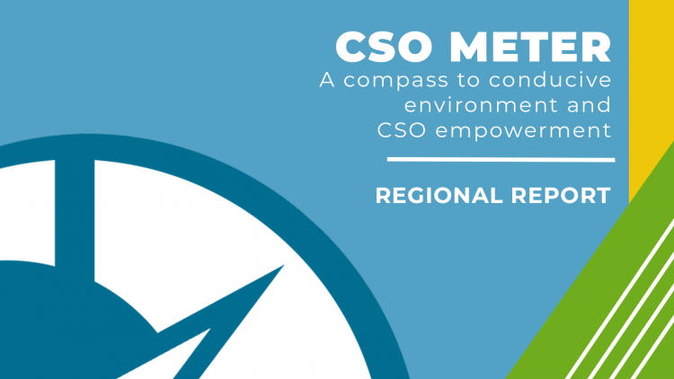 CSO Meter Regional Report, banner with logo and geometric forms (triangle in green on the right down side, 3 white lines and yellow square on blue background)