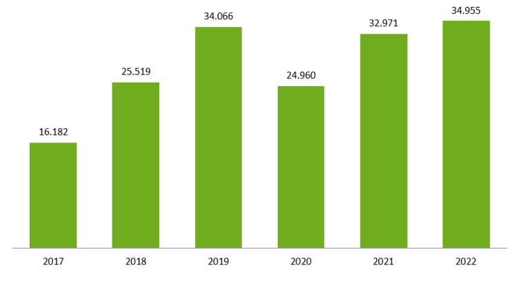 2017: 16182; 2018: 25519; 2019: 34066; 2020: 24960; 2021: 32971; 2022: 34955