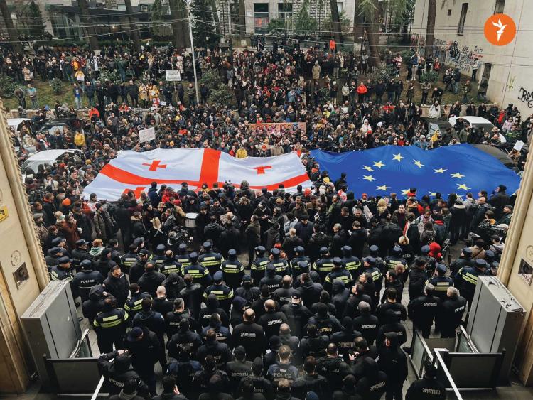 Huge Georgia and EU flags unfurled by protesters