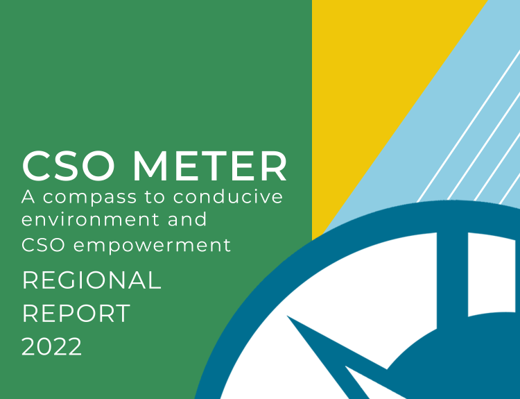 Front cover of the 2022 regional report of the CSO meter in green, yellow and blue, with the blue-white compass logo of the CSO meter