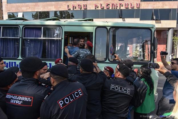 Police at a protest in Armenia